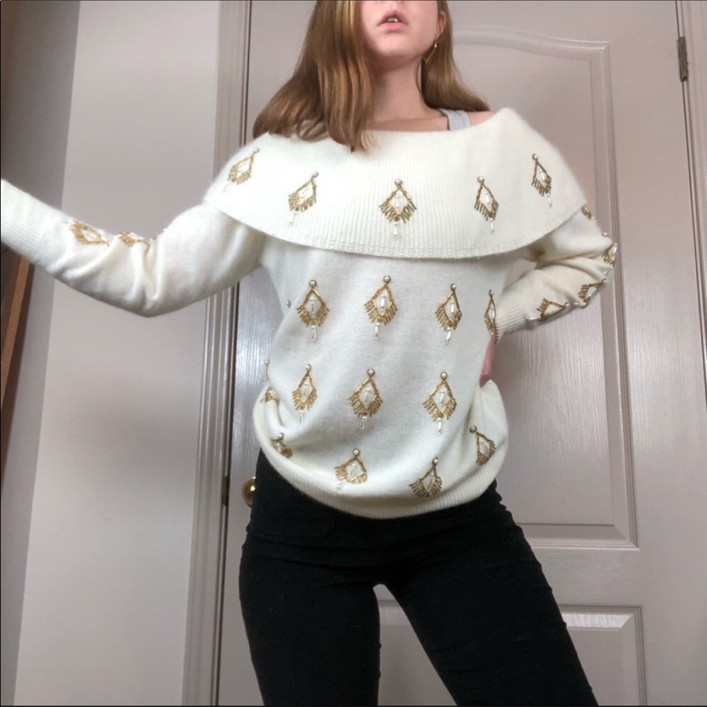 NEW Angora/Wool Beaded Cowl Neck Sweater Medium - Picture 2 of 8